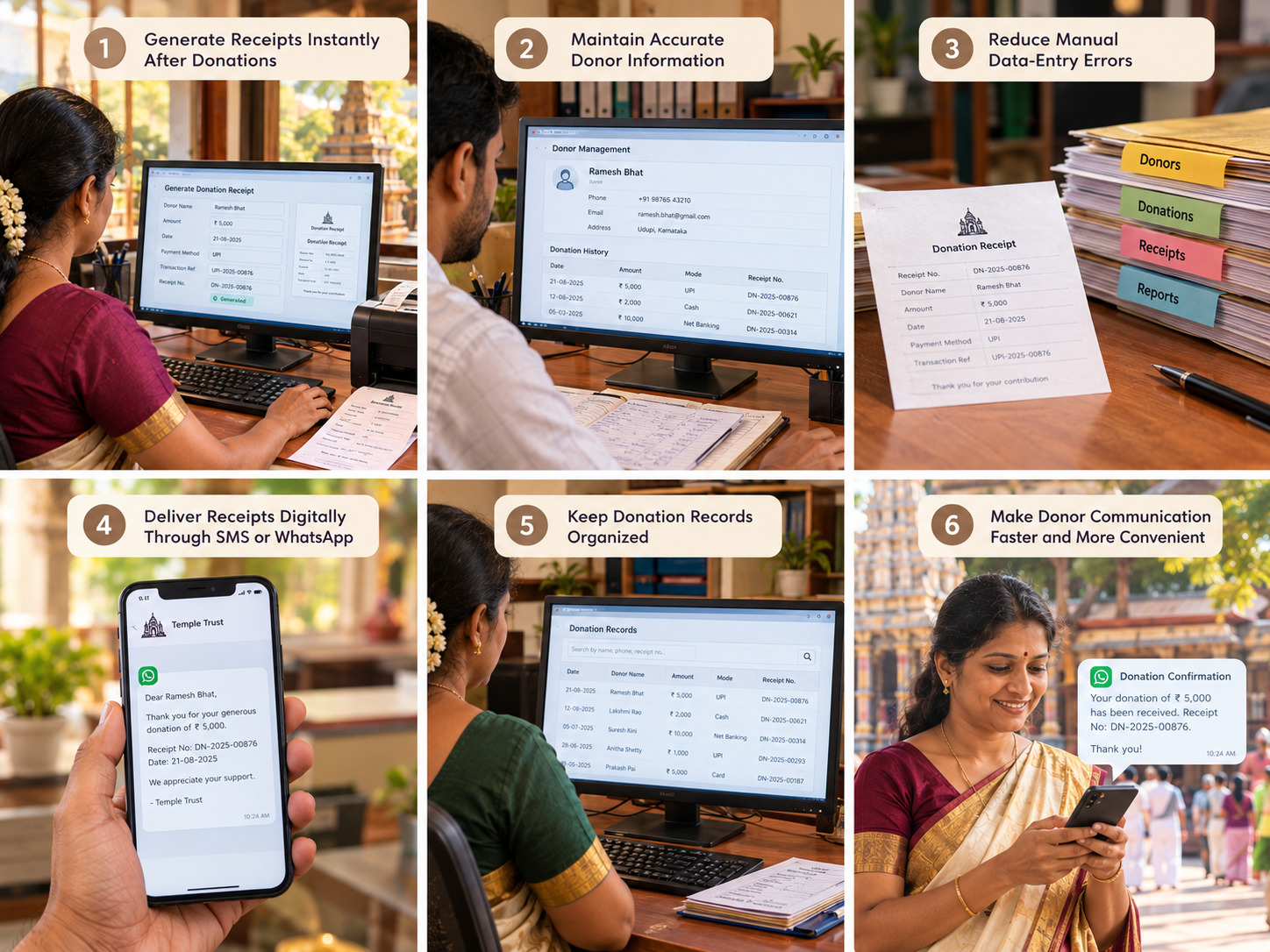 Illustrated overview of six benefits of automated donation receipt management