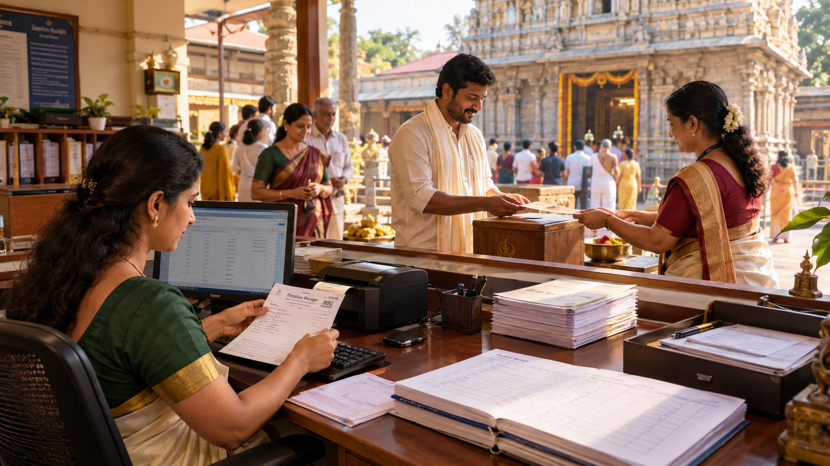 Illustration of a temple donation receipt counter